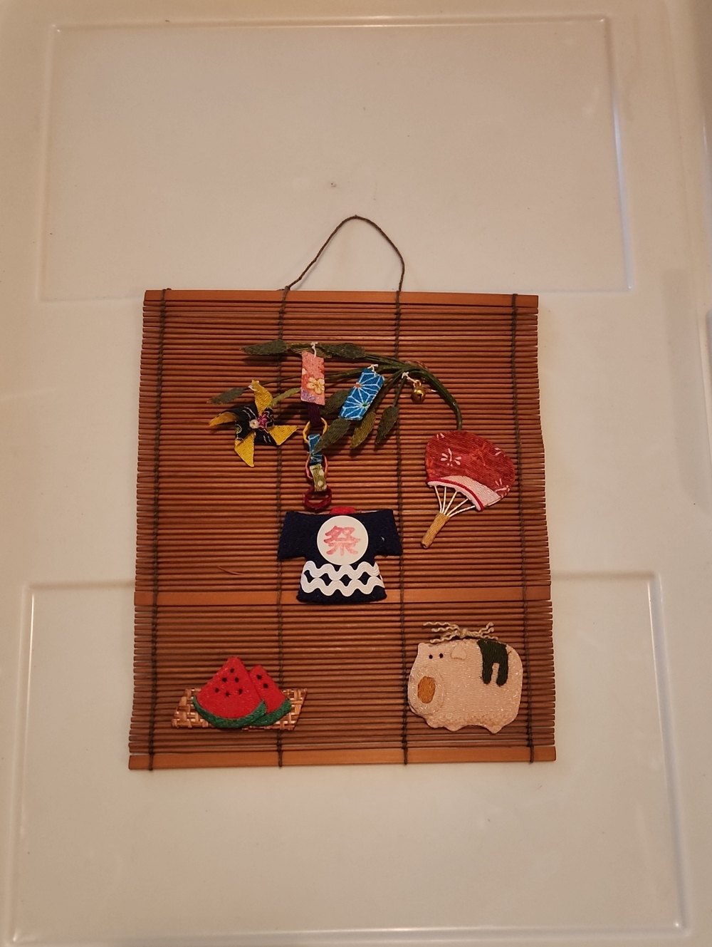 Japanese Bamboo Wall Hanging with Colorful Kimono Fabric